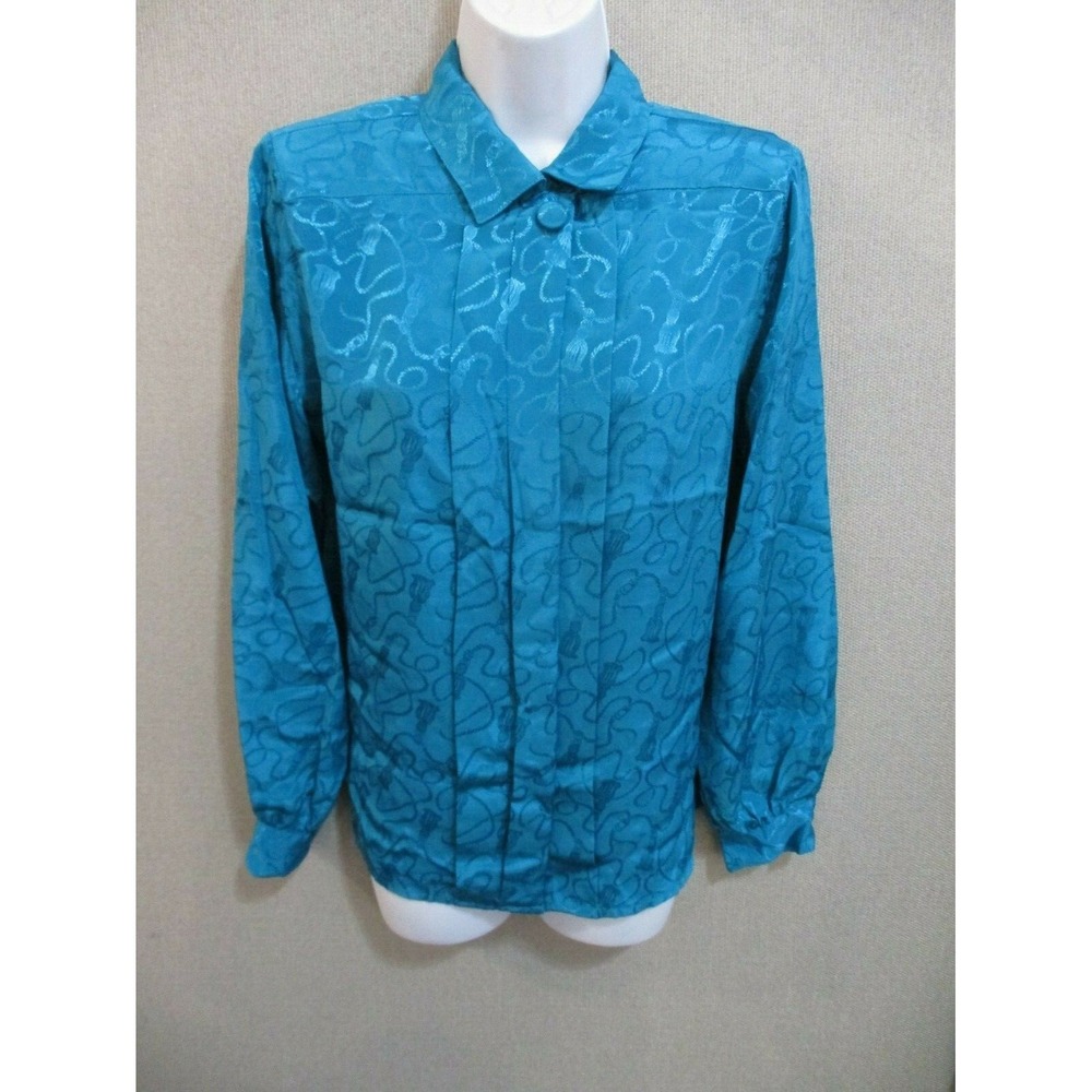 VTG 80's Silvercord Blouse Size 10 Pleated Cord & Tassel Jacquard Teal Green Top